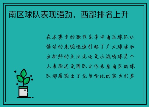 南区球队表现强劲，西部排名上升