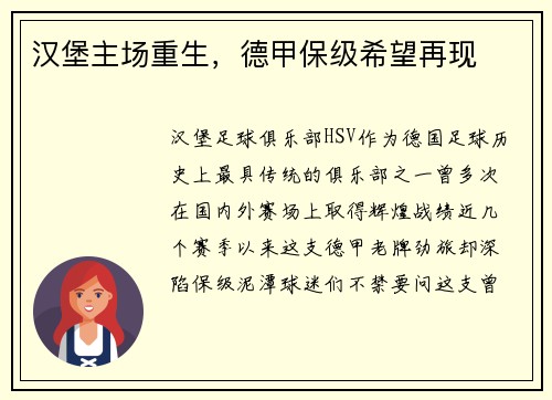 汉堡主场重生，德甲保级希望再现