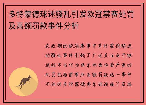 多特蒙德球迷骚乱引发欧冠禁赛处罚及高额罚款事件分析